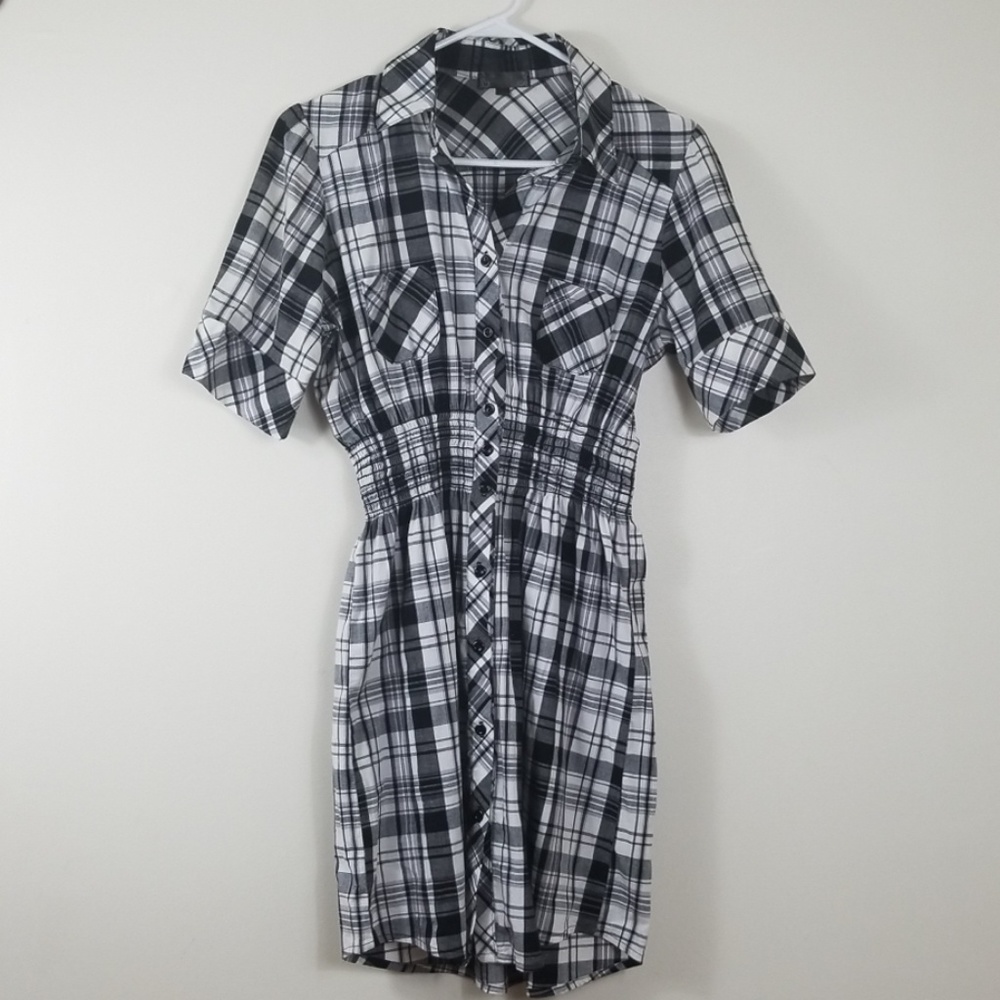 Mandee Black & White Plaid Shirt Dress L